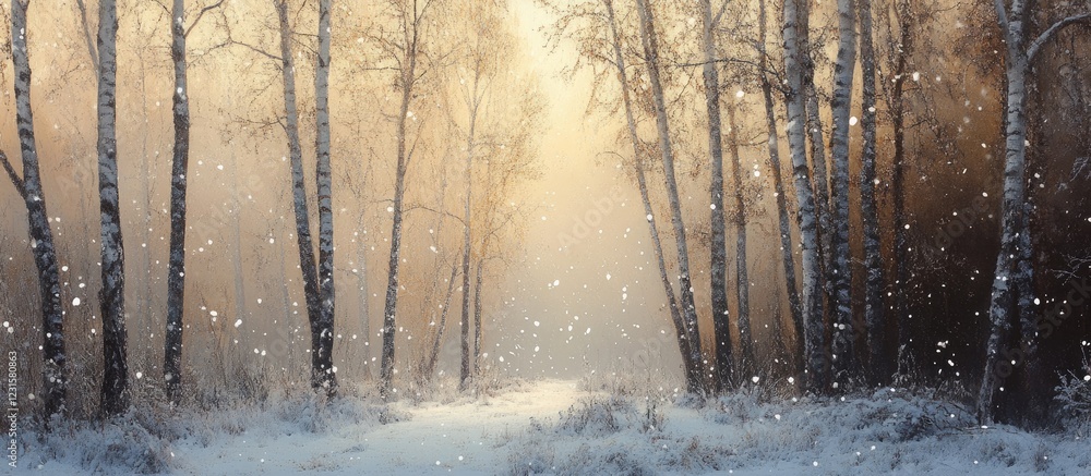 Poster Serene winter landscape with softly illuminated snow-covered trees in muted tones and gentle snowflakes falling, creating a tranquil atmosphere.