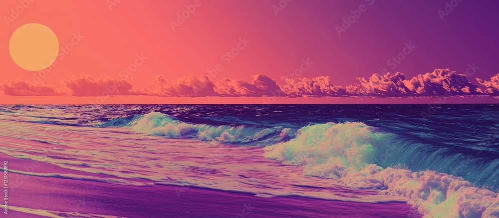 Poster Vibrant purple sunset over a tranquil beach scene with gentle waves lapping at the shore and soft clouds creating a serene atmosphere