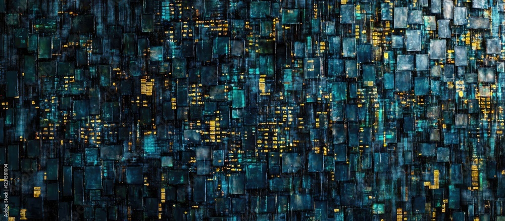 Fototapete Abstract textured artwork featuring a dark teal and blue color palette with golden accents, arranged in a grid-like pattern, creating a dynamic visual depth.