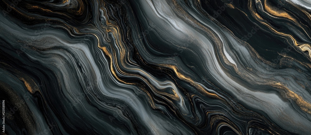 Aufkleber Abstract swirling black and gold marble texture flowing in soft waves with deep shadows and highlights creating a modern artistic background.