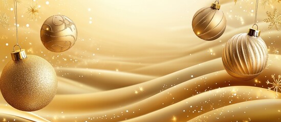 Shimmering gold Christmas background with festive ornaments in golden hues, creating a warm, inviting atmosphere for holiday designs