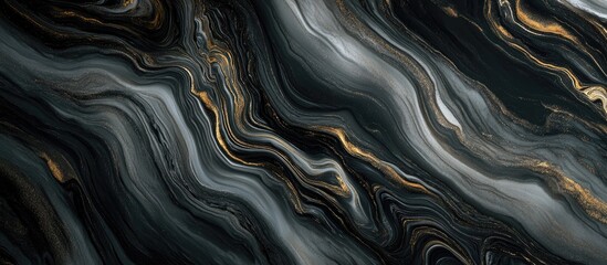 Fototapeta premium Abstract swirling black and gold marble texture flowing in soft waves with deep shadows and highlights creating a modern artistic background.