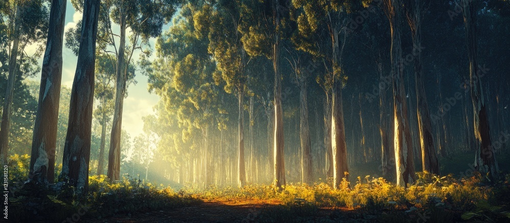 Aufkleber Tall eucalyptus trees with soft golden sunlight filtering through a serene forest creating a tranquil atmosphere with earthy shades of green and brown