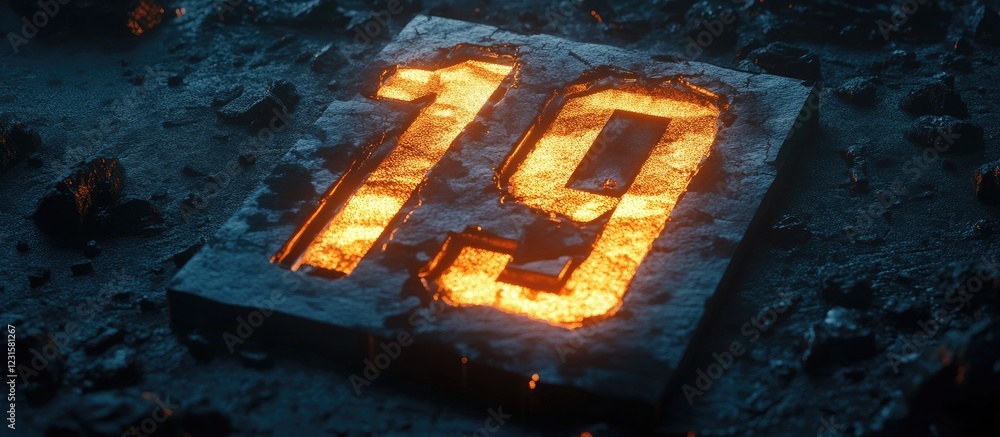 Poster Dynamic 3D countdown number 19 glowing with fiery orange tones set against a dark rocky background perfect for countdown themes and events