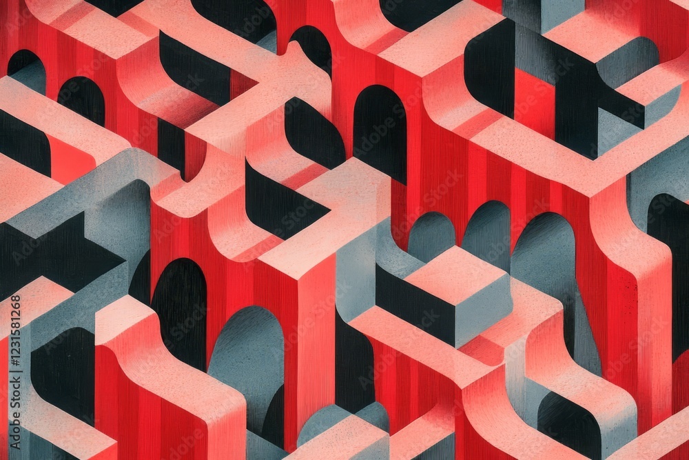 Poster a striking abstract design featuring red and gray geometric shapes forming a complex 3d pattern.