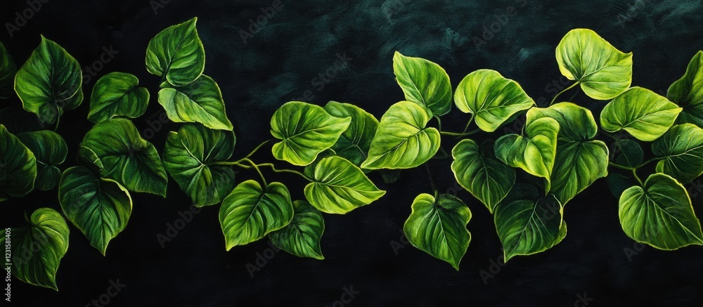 Aufkleber lush bright green leaves elegantly arranged against a deep dark backdrop highlighting intricate text