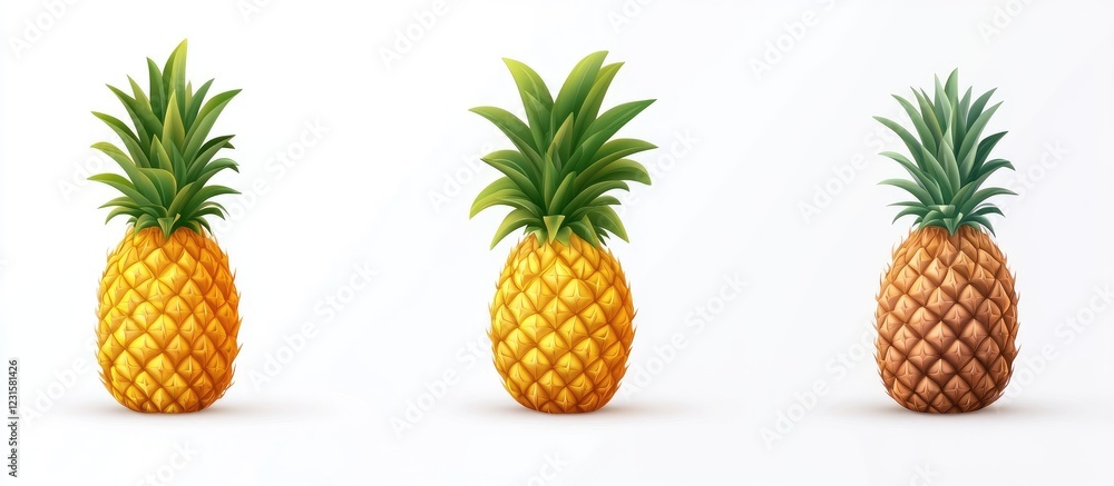 Poster vibrant ripe pineapples with lush green tops arranged in a row against a clean white background emph