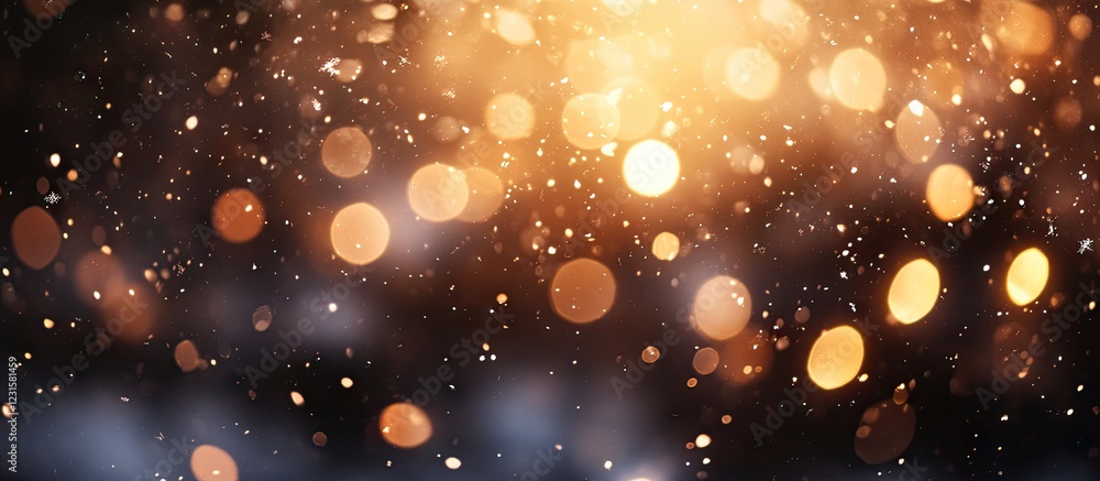 Poster Warm golden bokeh lights against a rich red background create an enchanting winter ambiance with subtle drifting snowflakes and abstract blur effects.