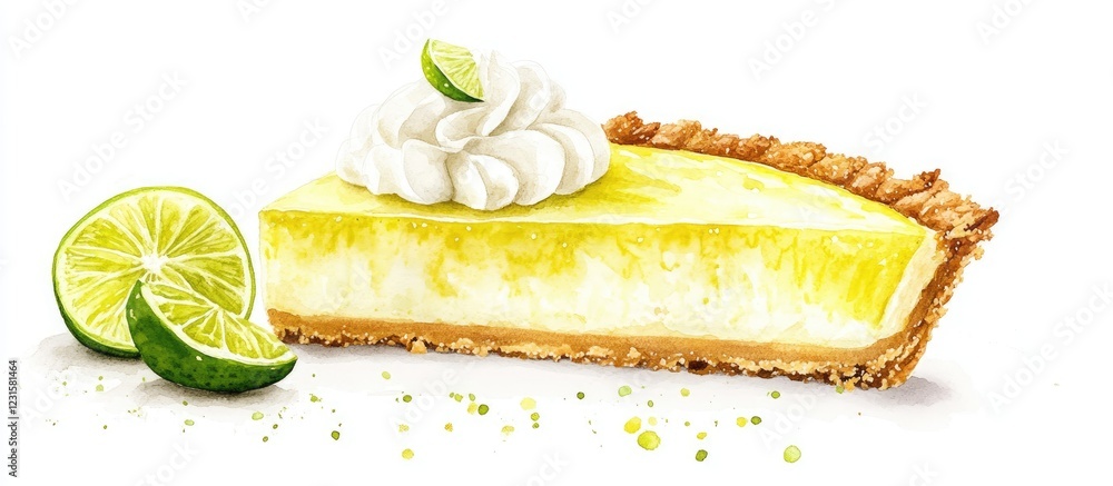 Poster watercolor illustration of a key lime pie with a golden crust and creamy filling on a white backgrou