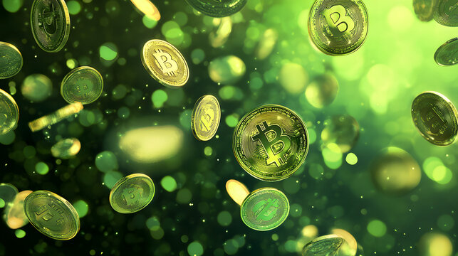 Bright green bubbles float in an abstract, water-like backdrop bitcoin - Powered by Adobe