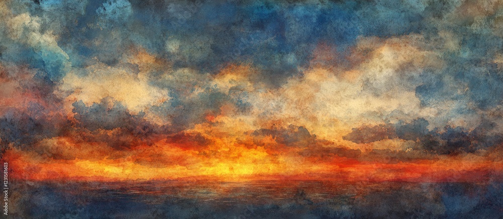 Poster vibrant watercolor sky background with a unique grunge texture featuring deep blues, fiery oranges a