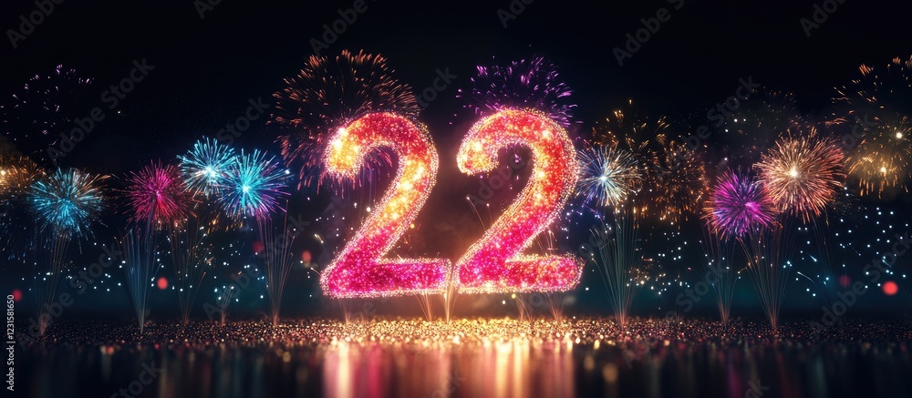 Poster Vibrant bokeh lights and colorful fireworks illuminate a night sky with the large luminous number 22 in the center creating a festive atmosphere