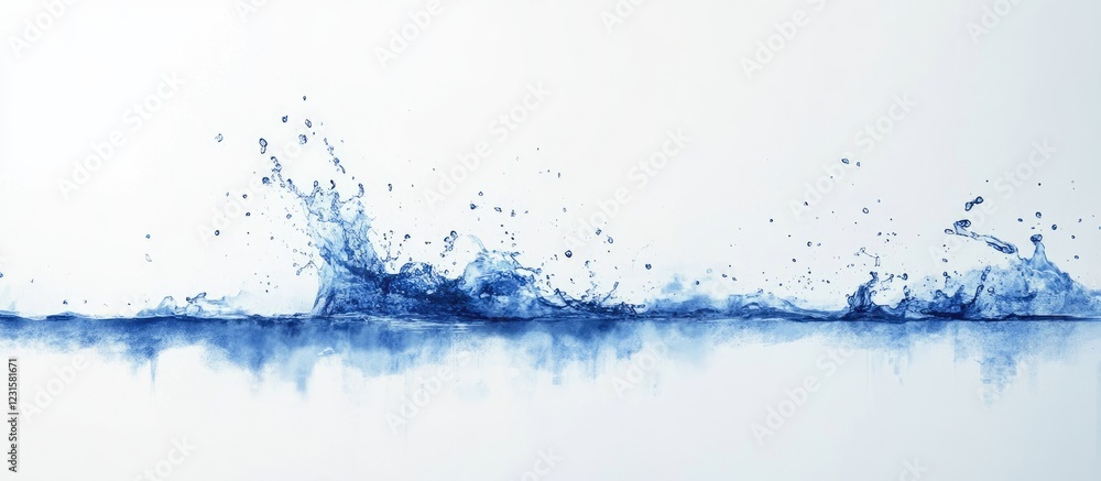 Poster blue water splash on a white background with dynamic droplets showcasing freshness and movement with