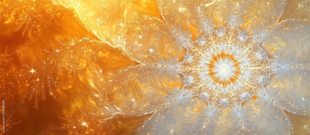 Fototapete abstract golden texture background featuring intricate white snowflake designs with shimmering highl