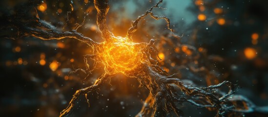 Glowing neuron illuminated in warm orange tones amidst cool blue hues, showcasing intricate neural connections and vibrant cell activity in a detailed close-up.