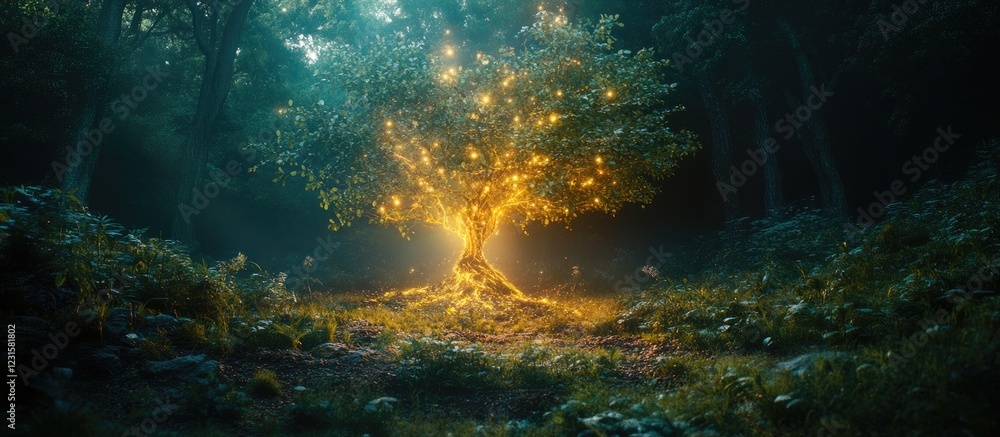 Aufkleber Enchanting illuminated tree in a mystical forest surrounded by glowing foliage and a dark background creating a serene atmosphere.