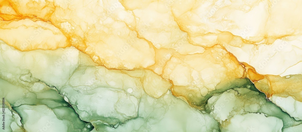 Poster abstract fluid art background featuring marbled textures in vibrant gold and green tones with soft t