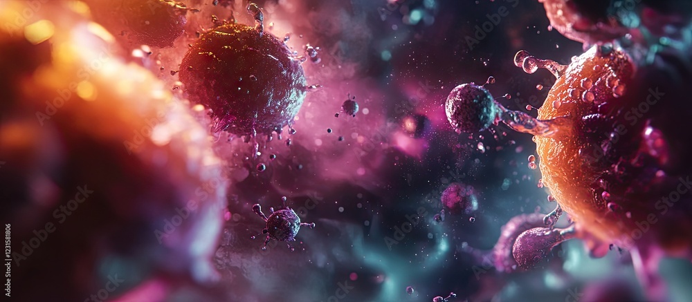 Poster Abstract microscopic view of colorful vibrant cells and viruses in shades of blue, pink, and orange, with a dynamic fluid background creating depth.