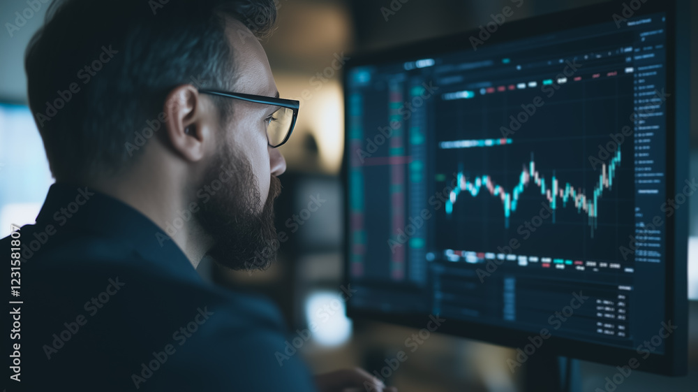 Poster analyzing the market: a focused businessman intently analyzes financial data displayed on a computer