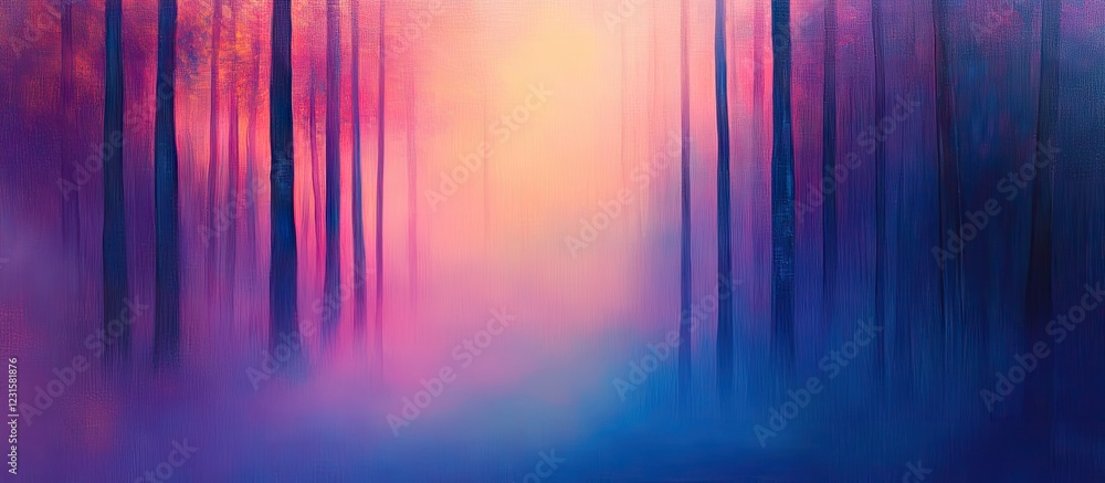 Aufkleber vibrant gradient of purple and blue hues sets a mystical forest scene with slender trees partially o