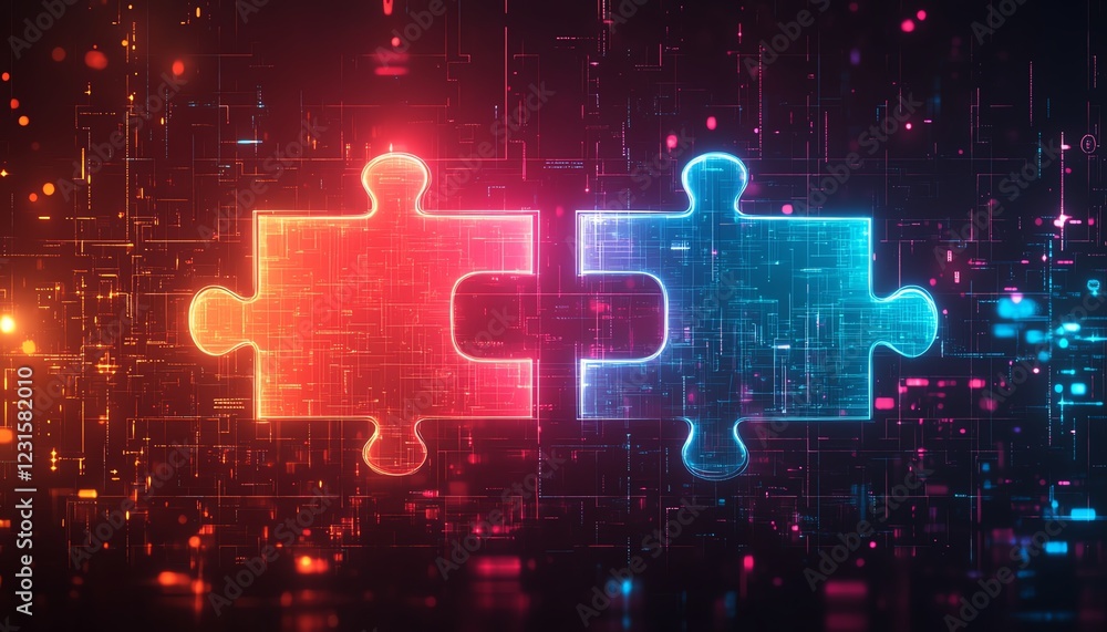 Aufkleber Futuristic abstract background with two interlocking puzzle pieces, representing API integration, connectivity, and interoperability, glowing neon accents, ultrarealistic rendering