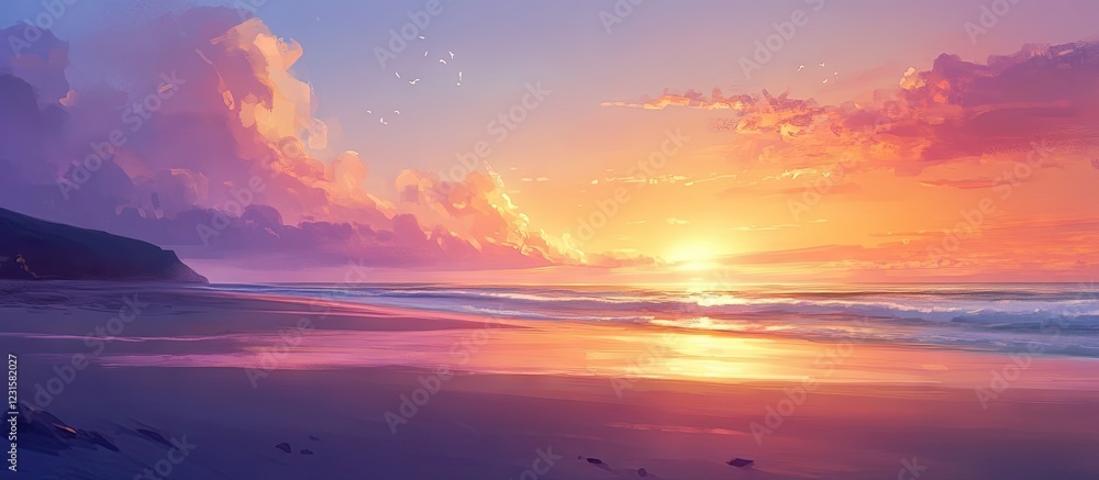 Aufkleber vibrant sunset illuminating serene beach with gentle waves lapping on shore and colorful sky hues of