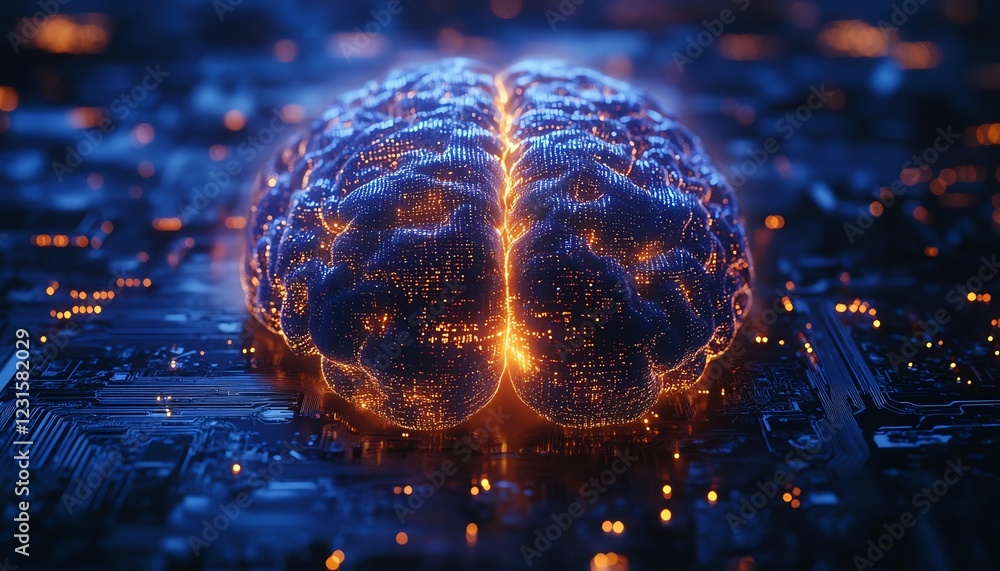 Poster Human brain glowing with data streams emanating from a digital processor