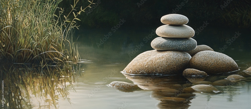 Poster serene balanced pebble stack near calm water with lush green reeds creating a tranquil atmosphere ca