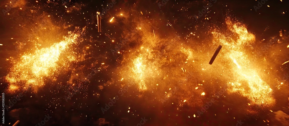 Poster Vibrant explosive firework display with bright orange and yellow flames emanating from Roman candles against a dark background capturing dynamic motion