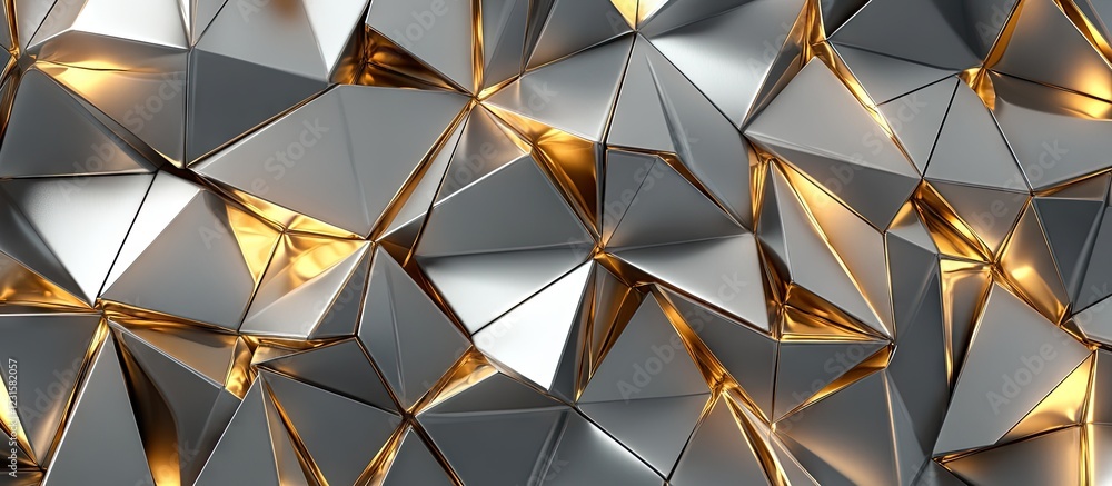 Poster abstract metallic geometric pattern featuring reflective silver and warm golden accents in a dynamic