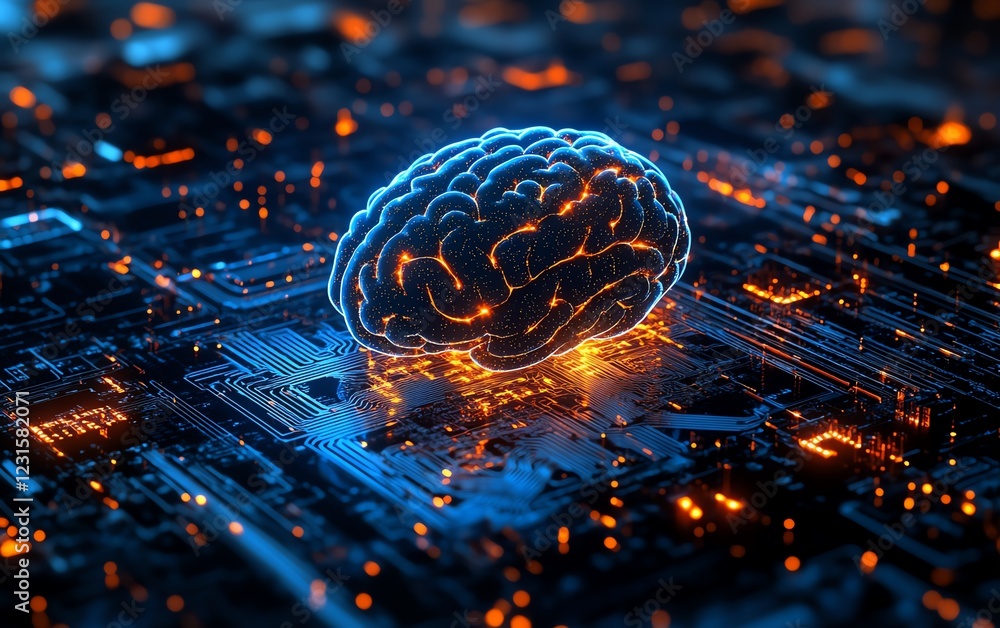 Poster illustration of a glowing human brain emerging from a digital processor