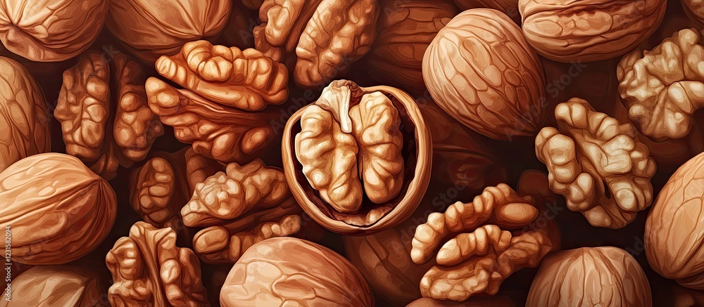 Poster Close-up of assorted walnuts and almonds arranged densely with one walnut shell opened in center showcasing its rich brown color and texture.
