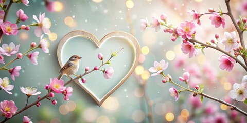 A delicate bird perched on a blossoming branch, nestled within a heart-shaped frame, surrounded by springtime blooms and soft bokeh lights