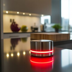 A stylish smart home device with a glowing red LED on a modern kitchen countertop, showcasing contemporary interior design.