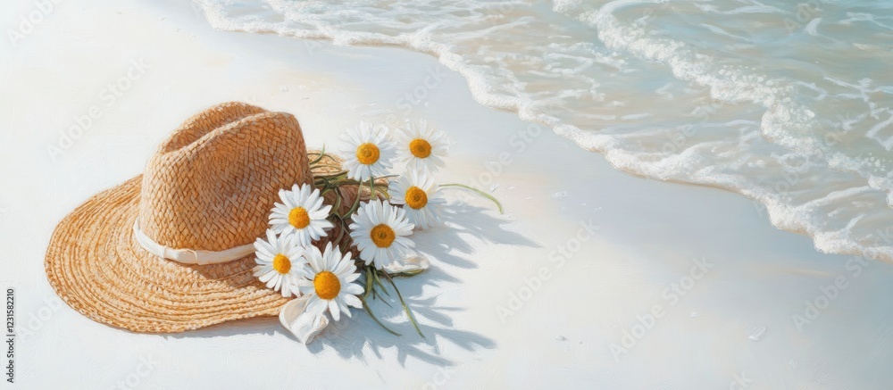 Poster stylish straw hat with daisies resting near gentle ocean waves on pristine white sand creating a vib