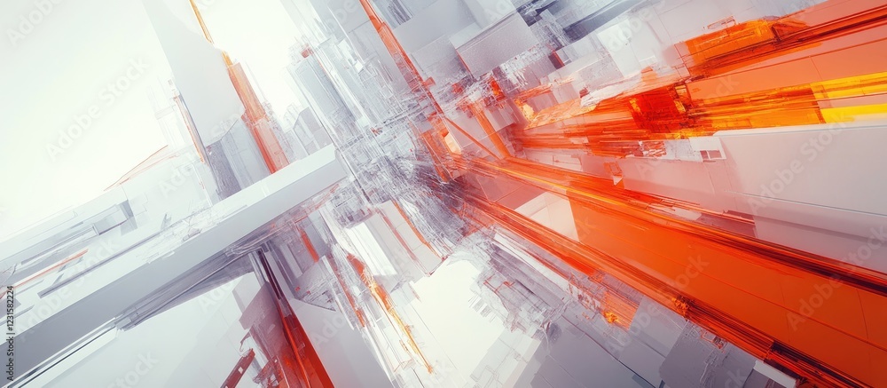 Poster abstract technology banner showcasing dynamic orange and gray geometric shapes in a 3d perspective, 