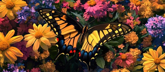 Colorful butterfly resting on bright yellow and pink spring flowers highlighting nature's beauty with a vivid floral backdrop in full bloom
