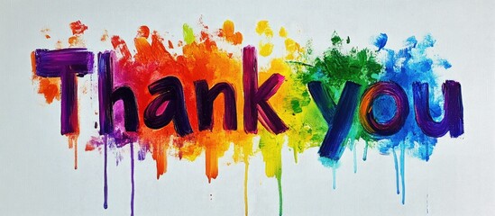 Vibrant rainbow thank you message painted in bold letters with acrylics on textured white background showcasing creativity and gratitude in vivid colors