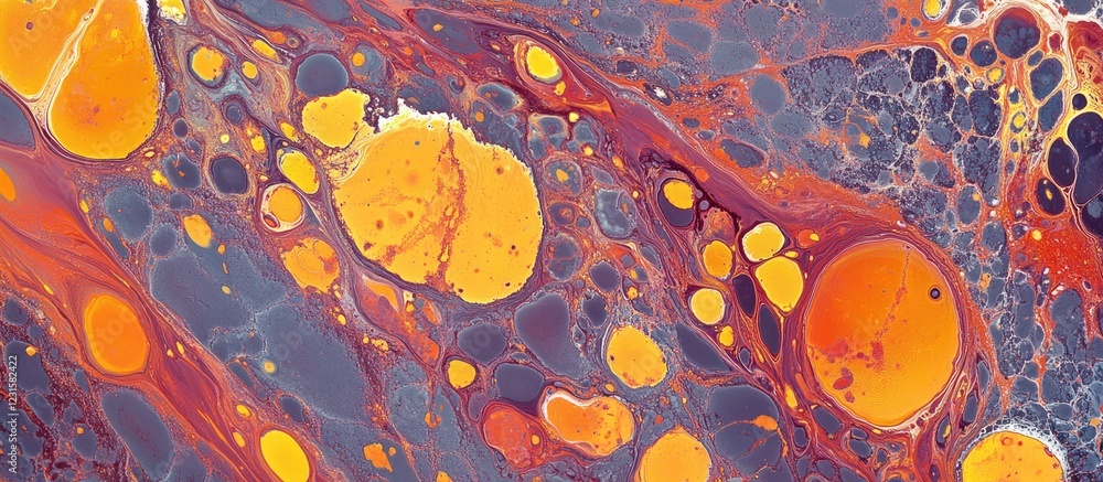 Fototapete abstract marbled background featuring vibrant orange and yellow circular patterns on a rich purple b