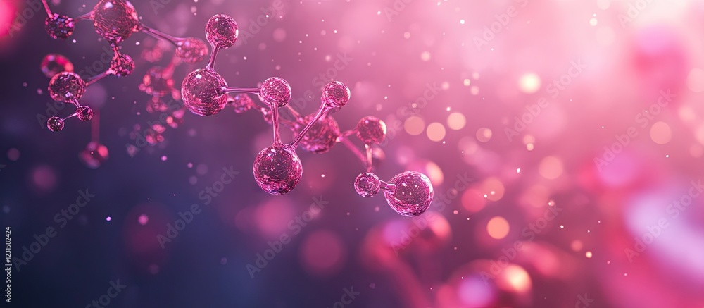 Poster molecular structures with pink and purple glow on a dark blue background, cascading light reflection
