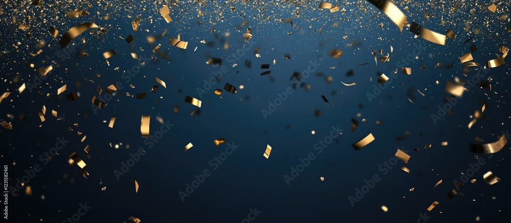 Poster dark blue glitter background with scattered gold confetti creating an elegant and festive atmosphere