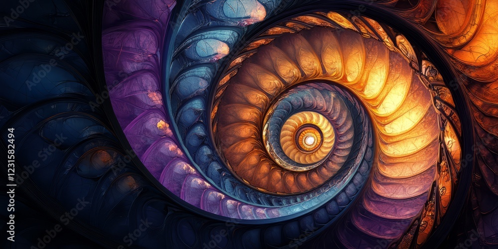 Poster colorful abstract spiral showcasing intricate fractal patterns with dynamic hues and geometric elega