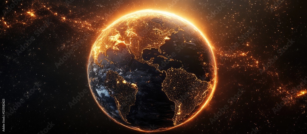 Poster glowing earth with golden light at the edges depicting continents in dark background surrounded by s