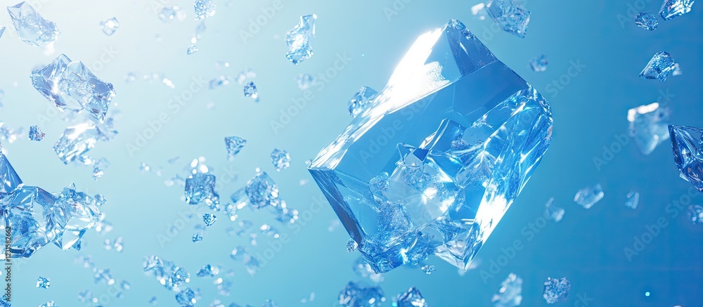 Aufkleber Crystal clear ice cubes floating in a turquoise background, illuminated by soft light, creating a refreshing and cool atmosphere.