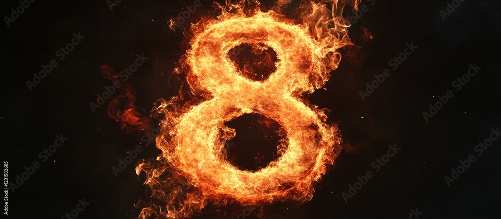 Poster Flaming number eight glowing in bright orange and red against a dark background with dynamic flames highlighting its shape and form.