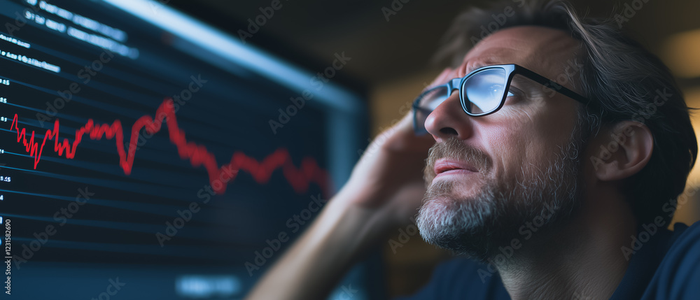 Poster market volatility: a man stares intently at a computer screen displaying a sharp decline in a stock 