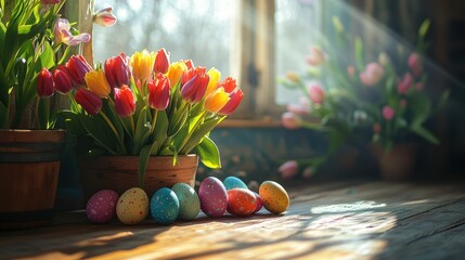 Spring tulips, Easter eggs, rustic window, sunlight