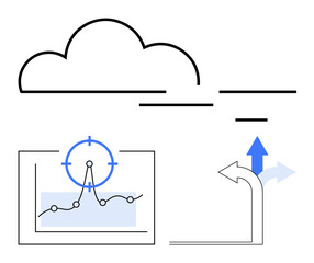 Cloud with lines, graph on screen with focus, and diverging arrows in blue. Ideal for cloud computing, analytics, decision-making, navigation, forecasting, data trends abstract line flat metaphor