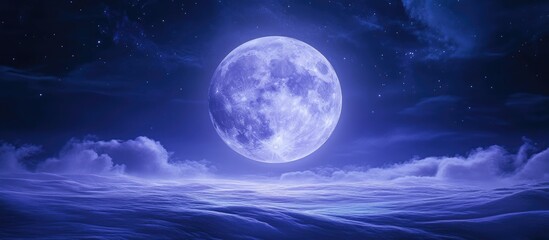 Moonlit lavender blue hues dominate a serene landscape with soft clouds glowing under a bright full moon creating a tranquil nighttime atmosphere.