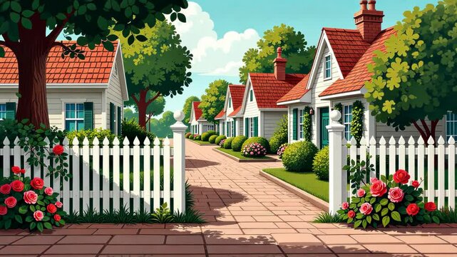 A white picket fence separates a street from a row of houses. The houses are all white and have red roofs. Spanish style.